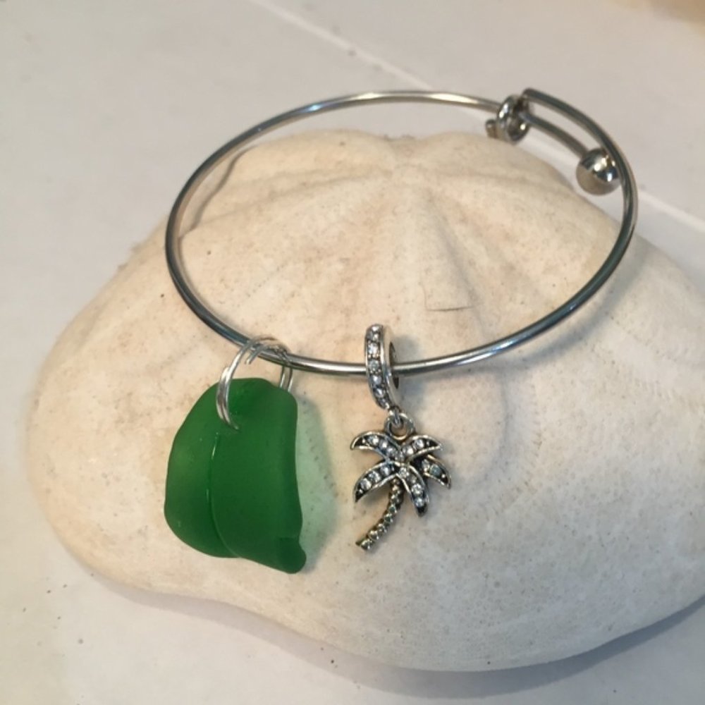 Green Sea Glass Bangle Bracelet w/Palm Tree Charm